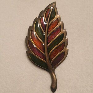 Vintage Mid-Century Metal Leaf Brooch with Variegated Red, Green, Orange Enamel